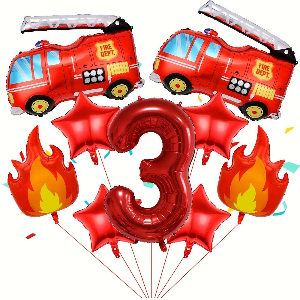 A Set Of 40-inch Red Number Foil Balloons Featuring A Fire Truck And Flame Design, With Numbers 1-9, Suitable For First Birthday Party Decorations And Room Home Decor