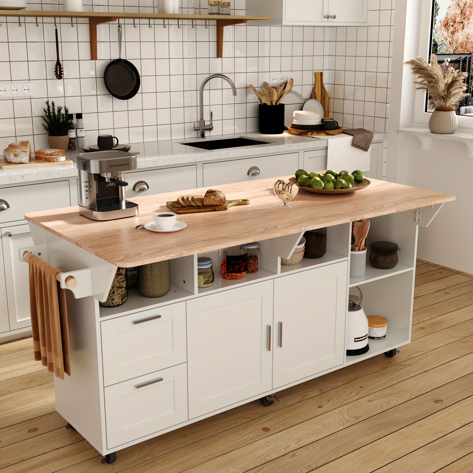Modern Kitchen Storage Island Cart with Flip-down Desktops & 6 Wheels