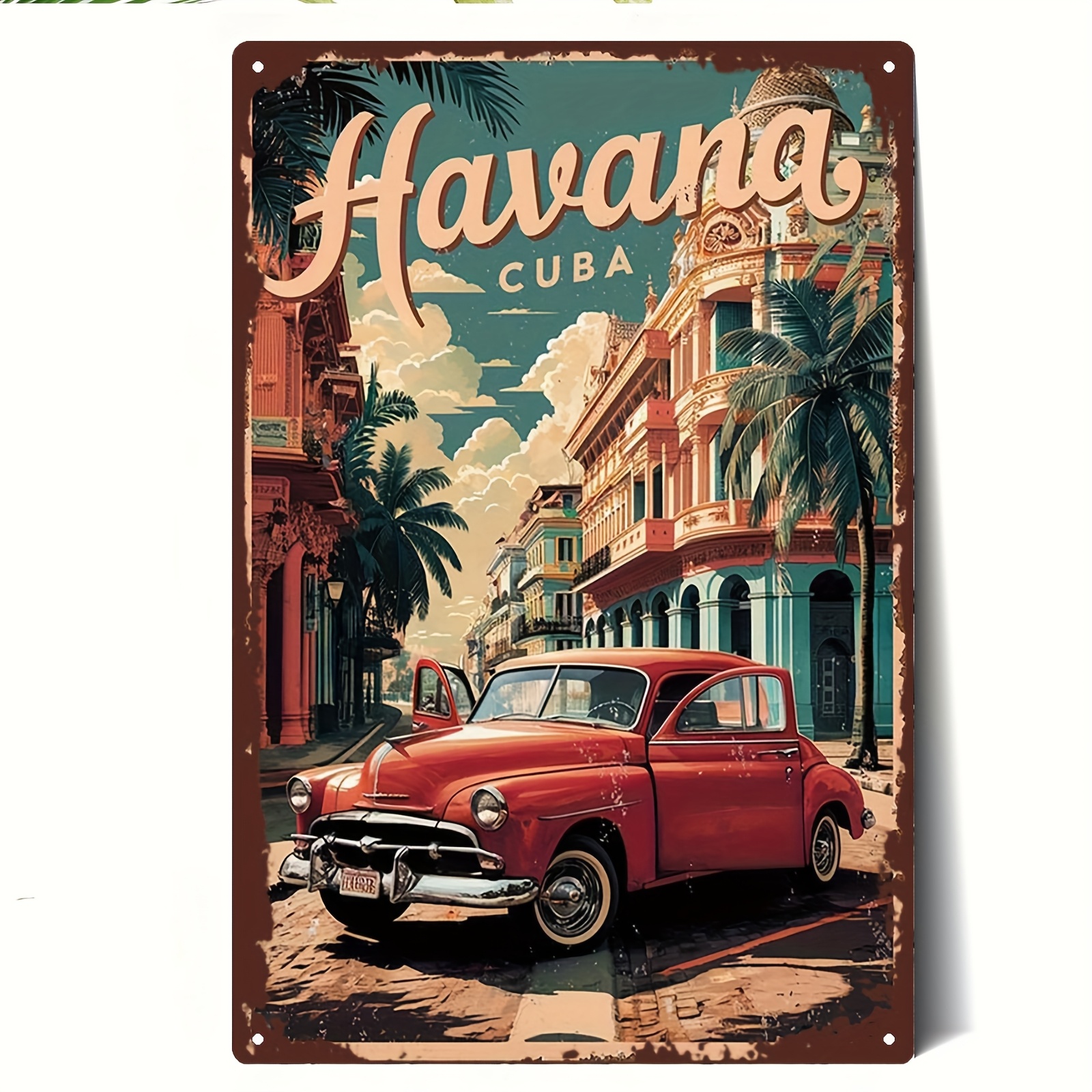 TEMU 2D Plat, 2D Plat - 1 Plaque Métallique Cuba - 20.32X30.48Cm Art Mural Rétro avec Voiture Rouge & Scène de Rue | Parfait pour Chambre, Salon,
