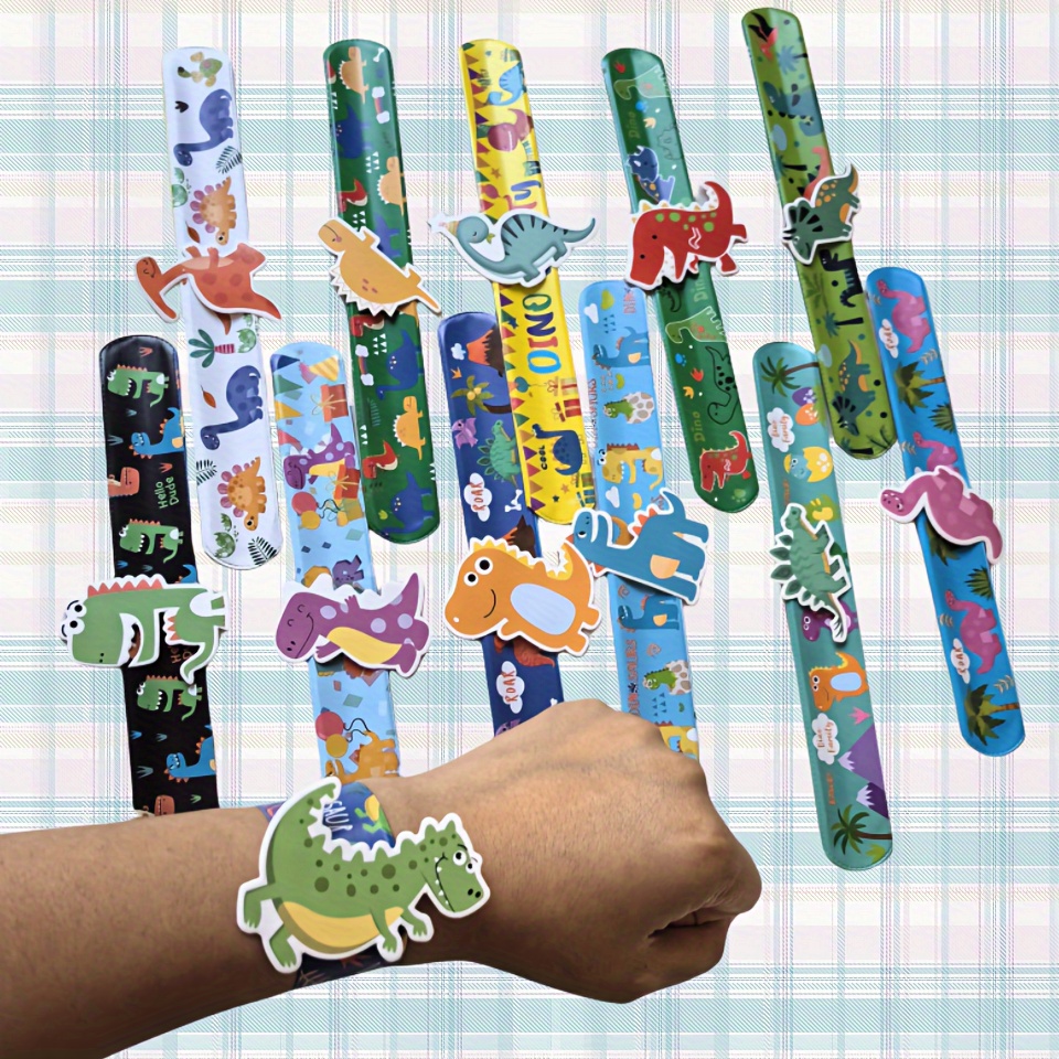 

12pcs Dinosaur Slap Bracelets With 3d Stickers - Diy Craft Set For Kids - Plastic Snap Bands For Birthday Party Favors - Unisex Fit Wristbands For Children's Gift And Party Supplies