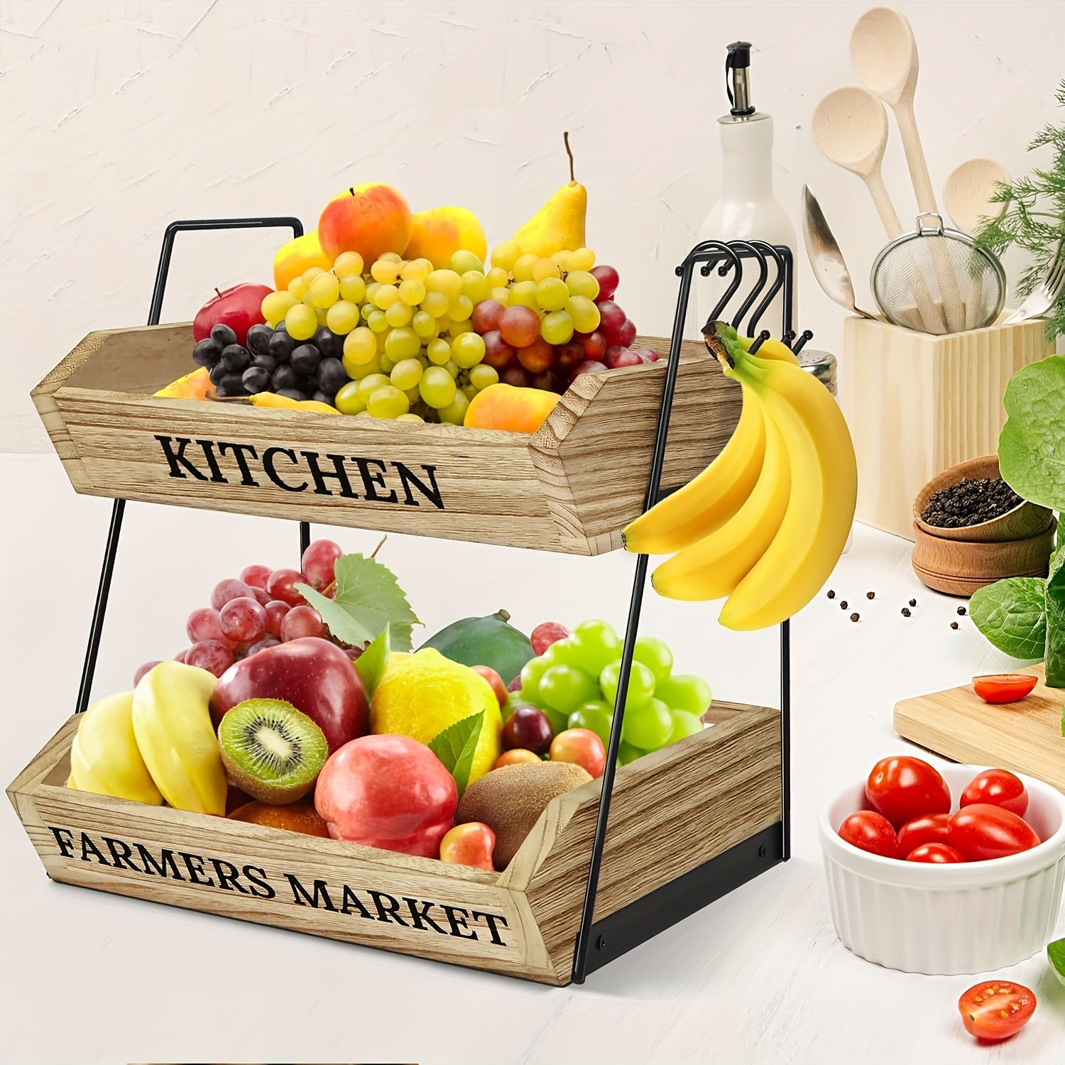 

Fruit Basket For Kitchen Countertop, 2 Tier Fruit Bowl With 3 Banana Hangers, Large Capacity Fruit Stand Storage Holder, For Fruit Vegetables Snack, Kitchen Organizer Decor