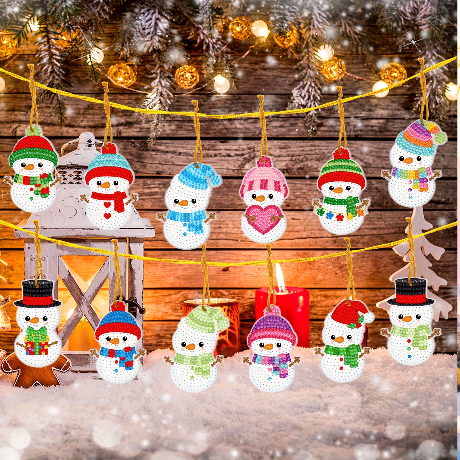 

12pcs Diy Snowman Diamond Painting Kits For Christmas & New Year Decoration, Round Pet Diamond Art Crafts With Hanging Rope, Handmade Pendant, Keychain, Party Supplies, Home Décor Gifts