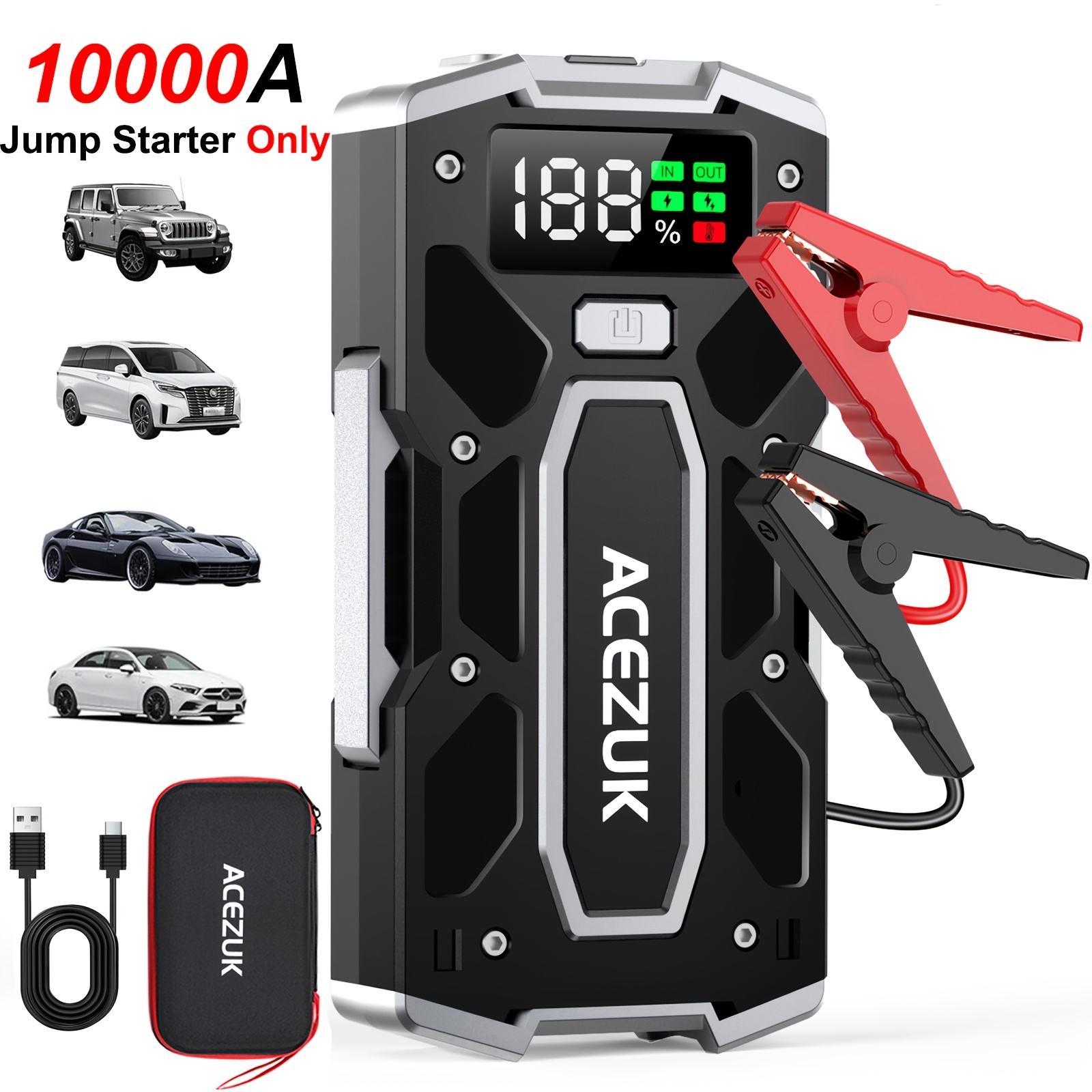TEMU 10000a Car Jump Starter For All Gas Or 10.0l , 12v Portable Battery Auto Jump Box With Lcd Display, Led Emergency Light, Eva Storage Case, Ideal