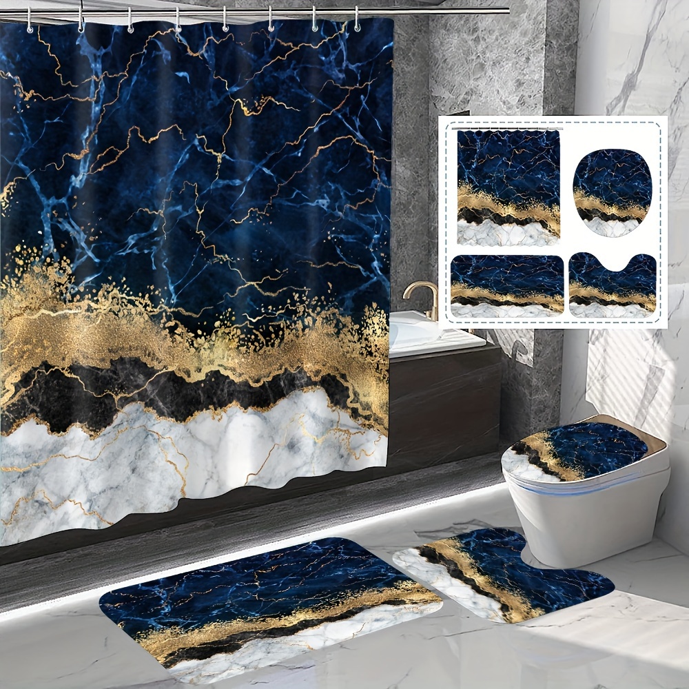 

1/4pcs Blue Marble Pattern Shower Curtain Set, Waterproof Shower Curtain With Hooks, Bathroom Carpet, U-shaped Mat, Toilet Seat Cover, Bathroom Accessories