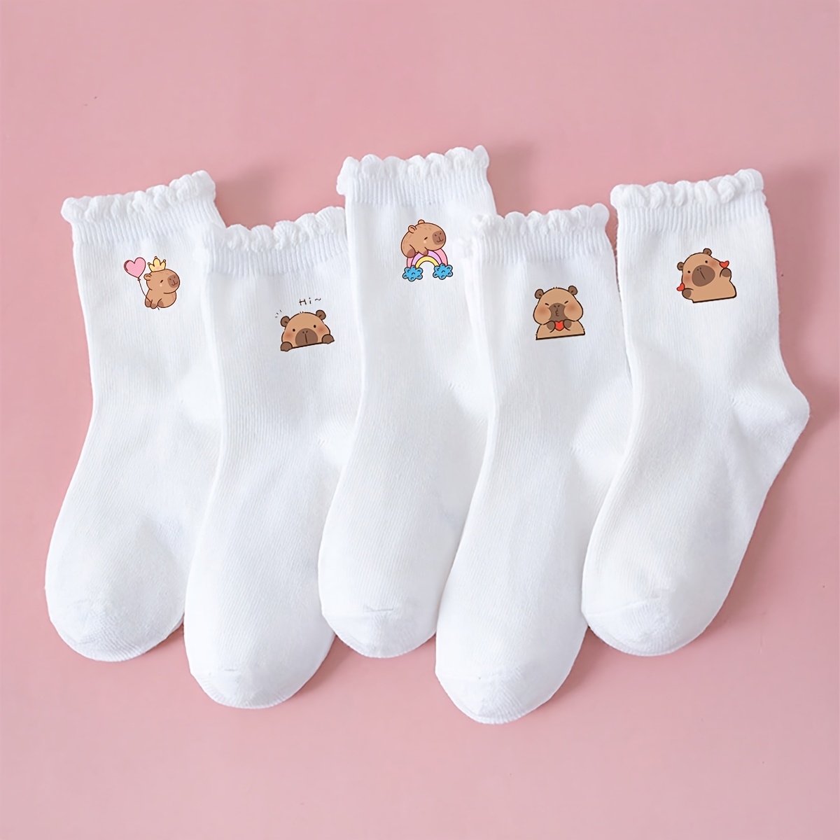 Image of 5 Pairs Of Kapi Barra Print White Socks | Cute, Fashionable, Easy And Versatile Baby Girl Lace Socks, Suitable For , Home, Parties, Sports, Travel, And Daily , Elastane, Fall And Winter Clothes