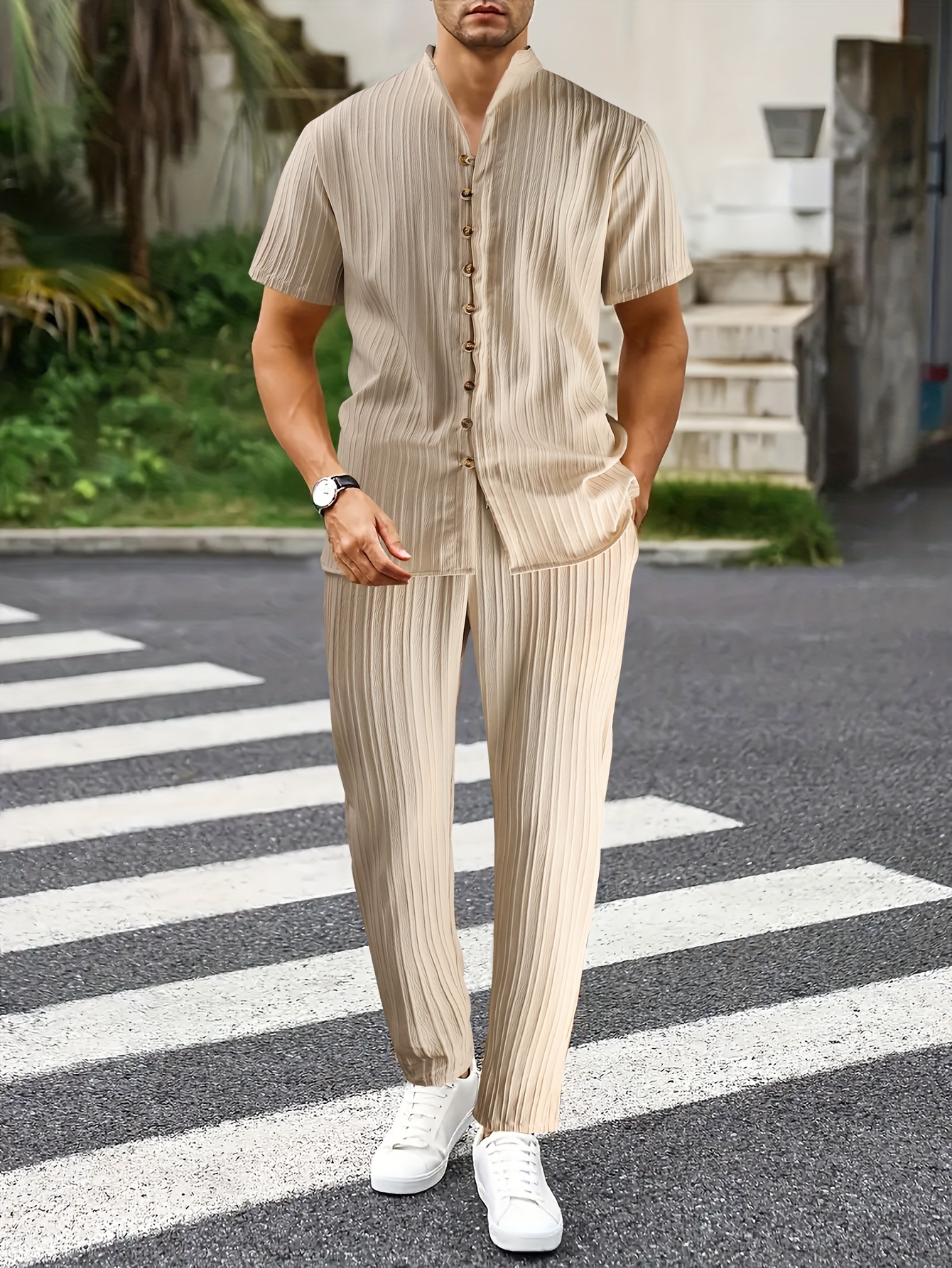 Men's Spring/Summer New Textured Fabric Wave Stripe Trendy Casual Short Sleeve Top + Pants 2pcs Set