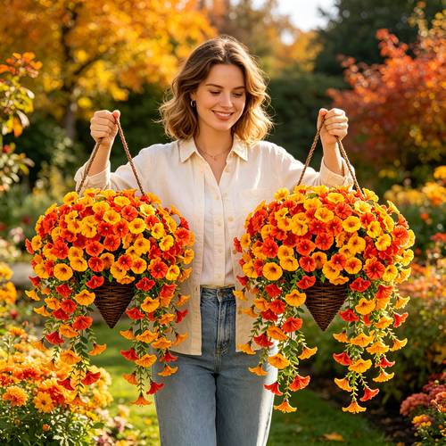 Juego de 3 piezas de cesta colgante de de las mañanas artificial de naranja y , visillo colgante decorativo de otoño, enredadera colgante de flor de de , para , , , alféizar, superficies de pared, Acción de