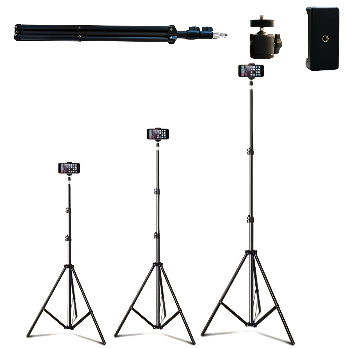 universal verstellbarer eisen-tripod-ständer mit handyhalter-klemme, faltbarer multifunktionaler kameratripod, 63 zoll mit klemmfestigkeit, dreieckiger metallstütze für smartphones und kameras