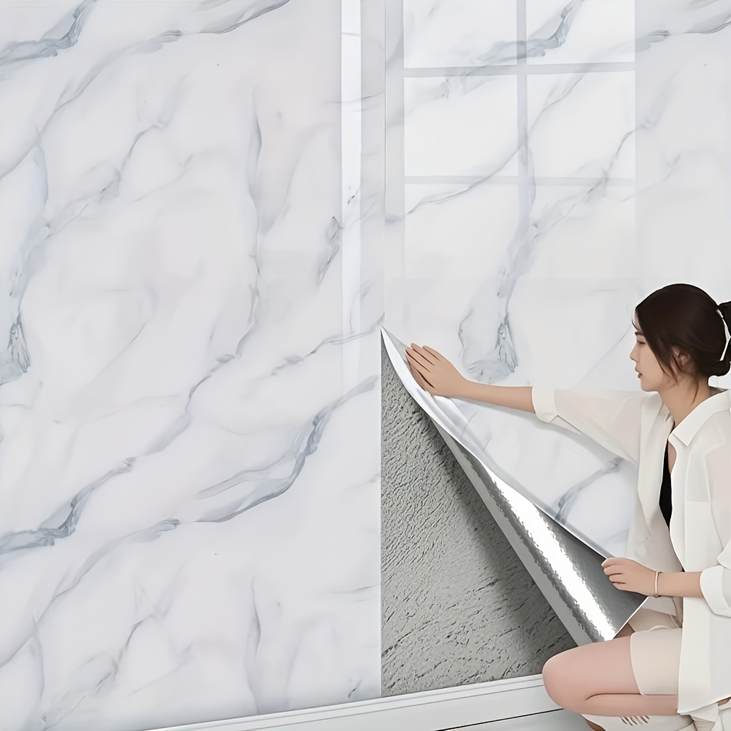 TEMU 1 Roll 3d Self-adhesive Vinyl Wallpaper, Marble Tile Effect, Easy To Peel And Stick, Suitable For Floors, Ceilings, And Walls, Ideal For Living