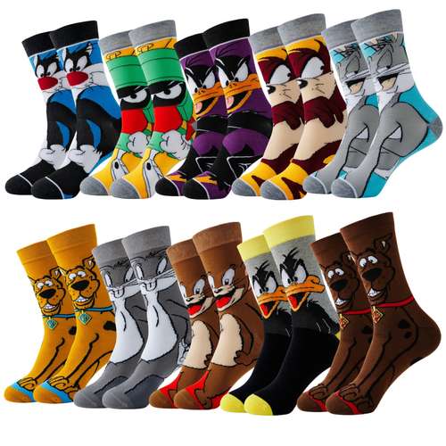 5/10 Pairs Of Men's Trendy Cartoon Anime Pattern Crew Socks, Breathable Comfy Casual Unisex Socks For Men's Outdoor Wearing All Seasons Wearing