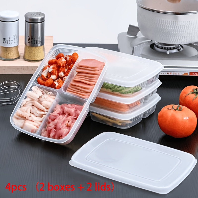 TEMU 2 Sets Of 4-compartment Food Storage Containers With Lids - Transparent Plastic Fruit, Meat, And Vegetable Storage Boxes, Ideal For Fridge