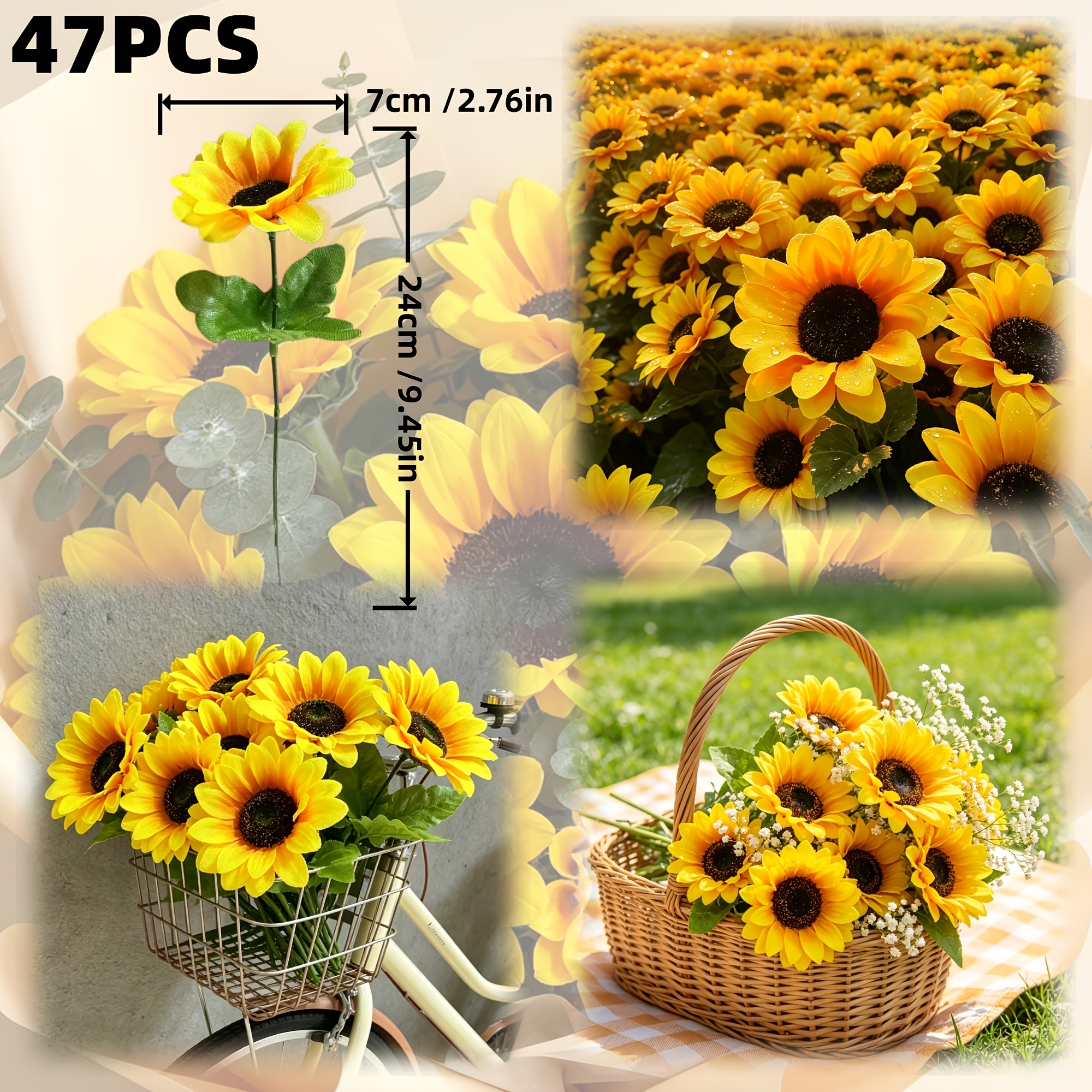 Image of 47pcs Sunflower Artificial Flowers High Fidelity Fabric Faux Flowers No No Fading Stems Room Dining Table Balcony Desktop Ornaments Wedding Birthday Party Scene Decoration Floral Arrangement Eter