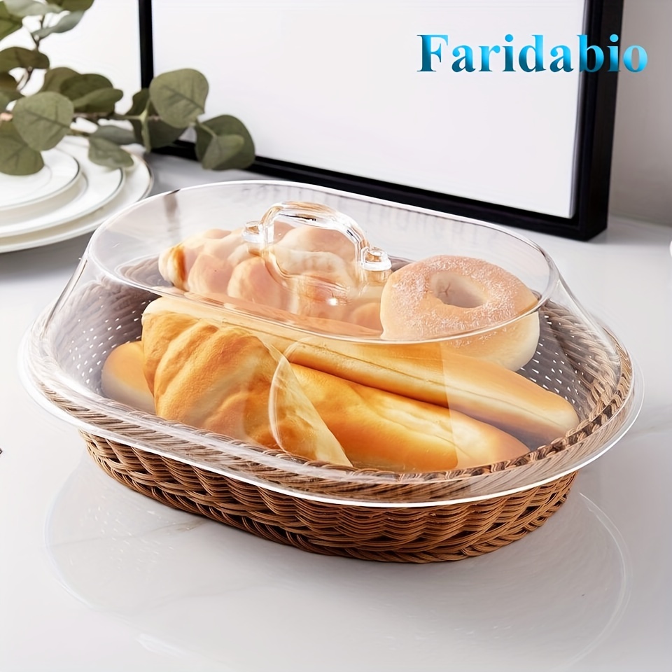 

Faridabio Wicker Bread Basket With Clear Acrylic Lid - , Washable Food Tray For Desserts & Fruits - Kitchen, Picnic, And Home Display