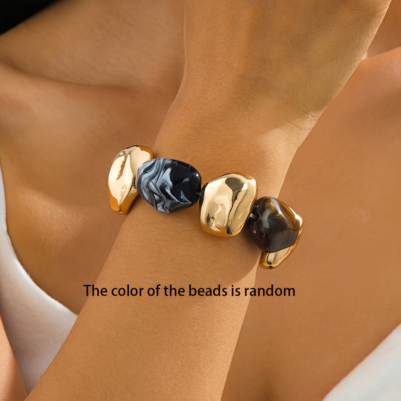 TEMU Pulsera elástica de lujo con cuentas irregulares para mujer, con pulsera de cuentas doradas de de ámbar estilo , pulsera de de versátil para a
