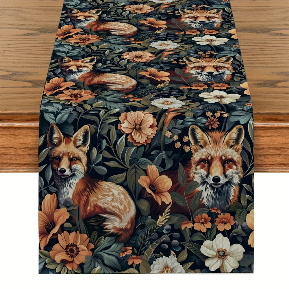 

Fox And Floral Print Polyester Table Runner, Rectangular Woven Table Decor, Kitchen Dinner Party Decoration, Home Room Dining Tablecloth Accessory - 1pcs