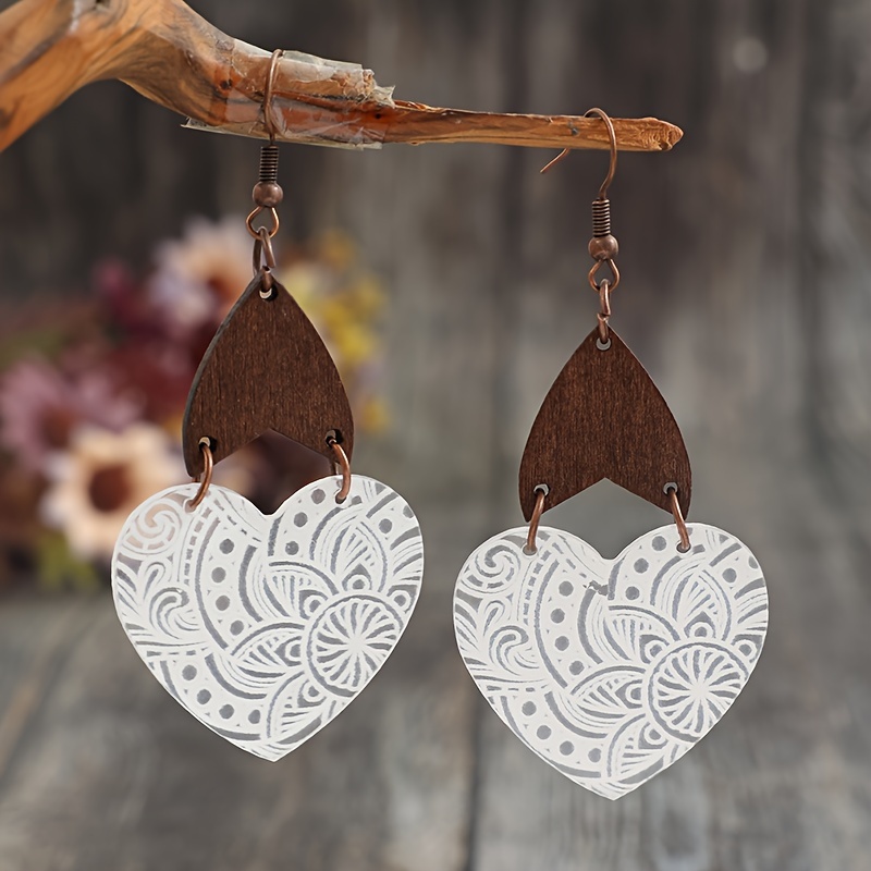 

Vintage-inspired Floral Heart Acrylic And Wooden Geometric Drop & Dangle Earrings For Women - Casual Elegant Ear Needle Iron Hook, No Plating - Versatile Design For All Seasons