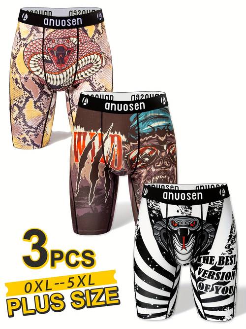 plus size mens long sports underwear 3pcs mens printed sports briefs beach pants set of 3 quick dry breathable oversized valentines day gift for boyfriend glasses snake animal print anti chafing novelty shorts extended running shorts position printed underwear moisture wicking sweat absorbing mens breathable stretchy comfortable casual boxer shorts quick dry long sports briefs plus size sports shorts plus size