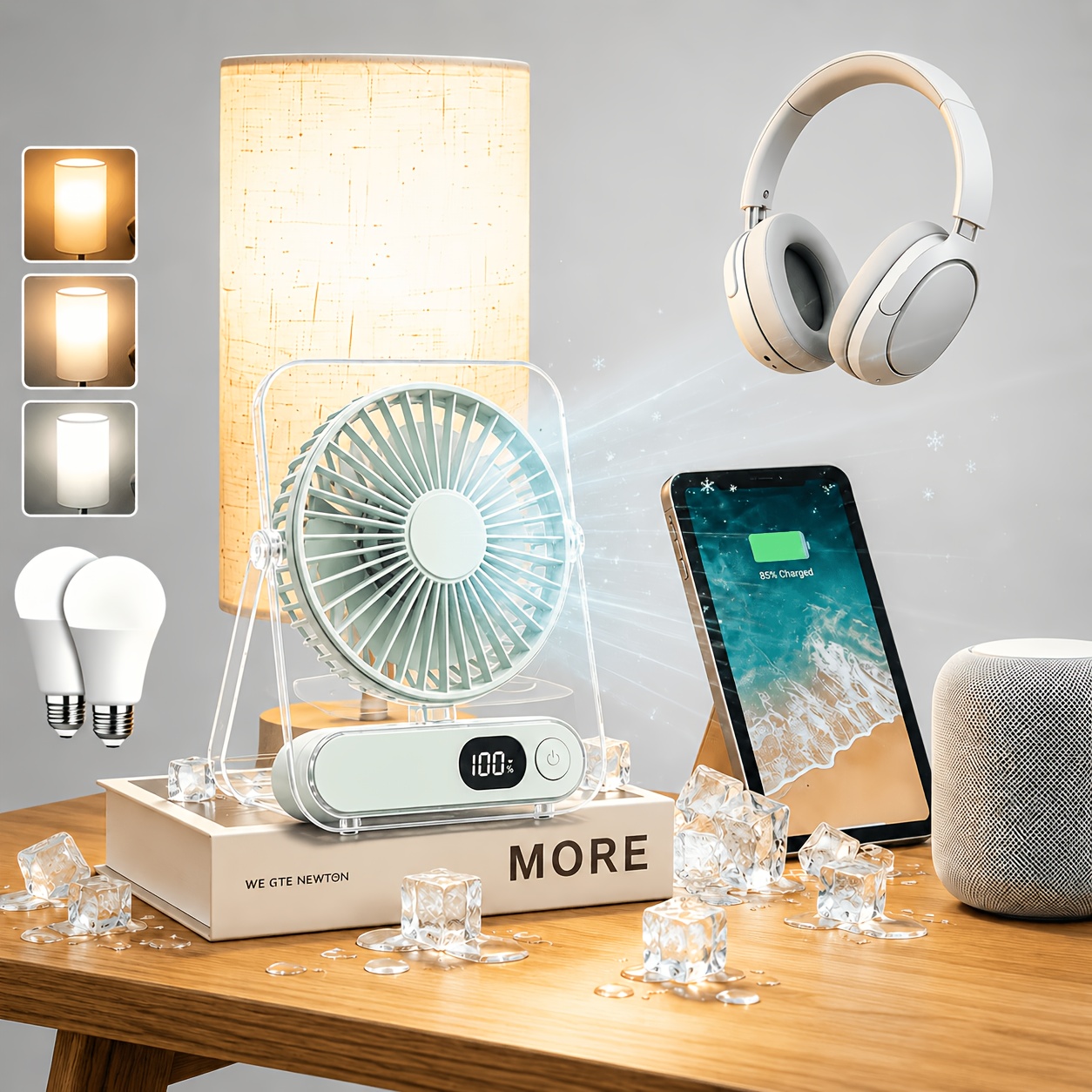 Kompakten Prenosni Namizni Ventilator, USB Polnilni Namizni Ventilator z Nosilcem za Mobilni Telefon, Nastavljiva Hitrost , Močan Pretok Zraka,