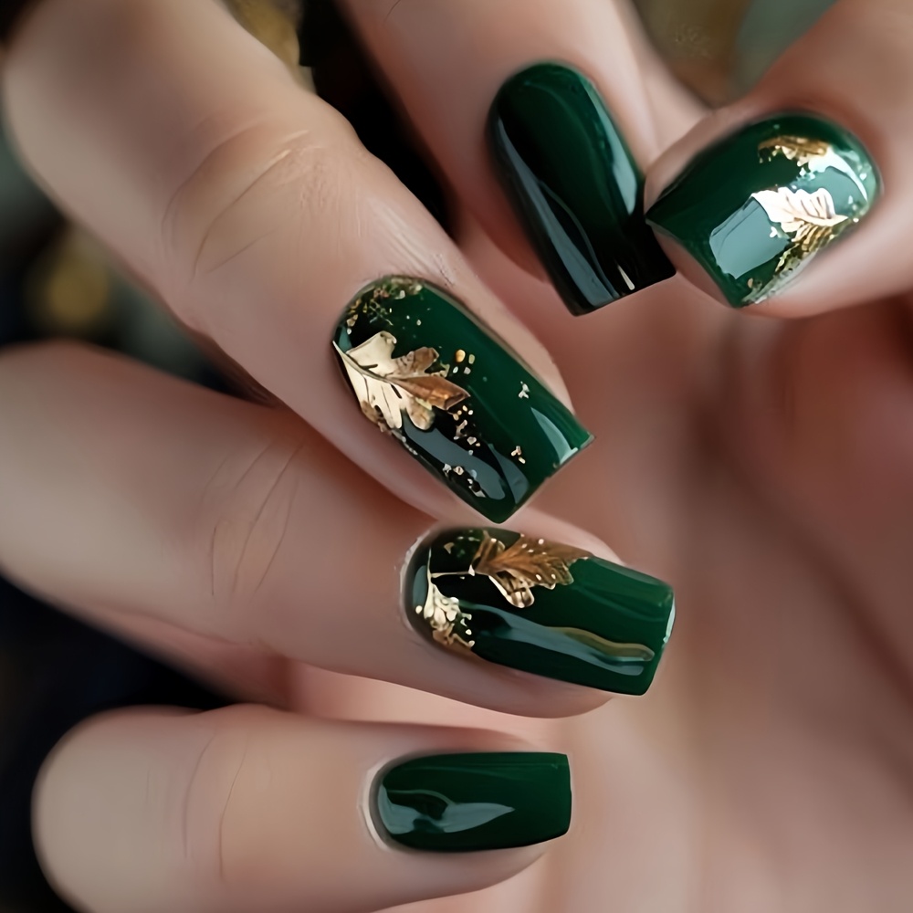 TEMU Show Your Beauty 24pcs Chinese Style Premium Elegant Emerald Green Glossy Press-on Nails Fashion Versatile Wearable Nails Suitable For Women And