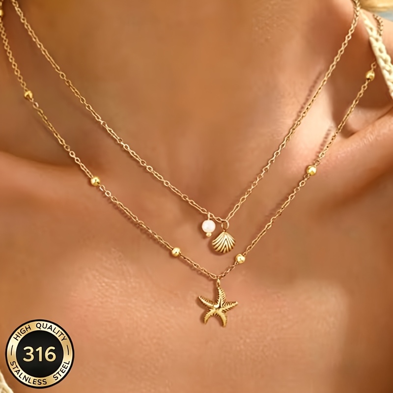 Image of Layered Necklace For Women, 316l Stainless Steel Dainty Beach Necklace, Starfish Shell Pearl Pendant Necklace, Bohemian Summer Ocean Theme Vacation Daily Wear Jewelry Gifts Mother's Day Gift