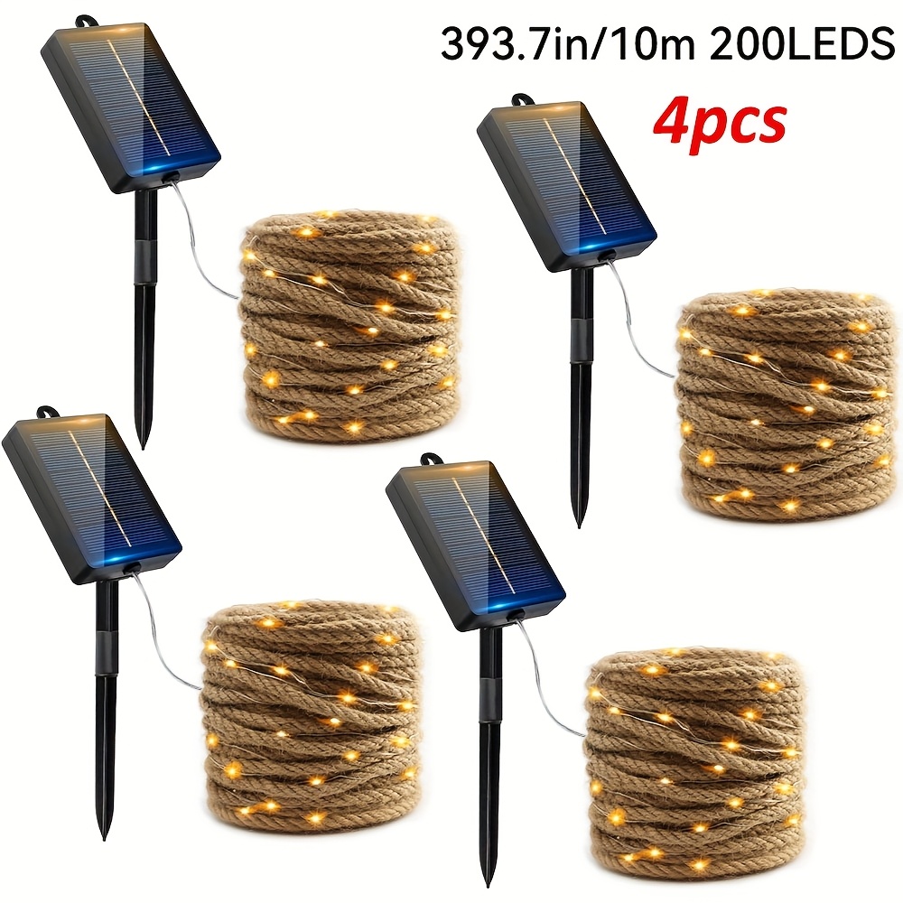 TEMU 2/4pcs Guirlandes Lumineuses Solaires d'Extérieur 200/100 LED, Guirlandes Solaires Vintage en Corde et avec Fil de Cuivre, 8 d'Éclairage, pour