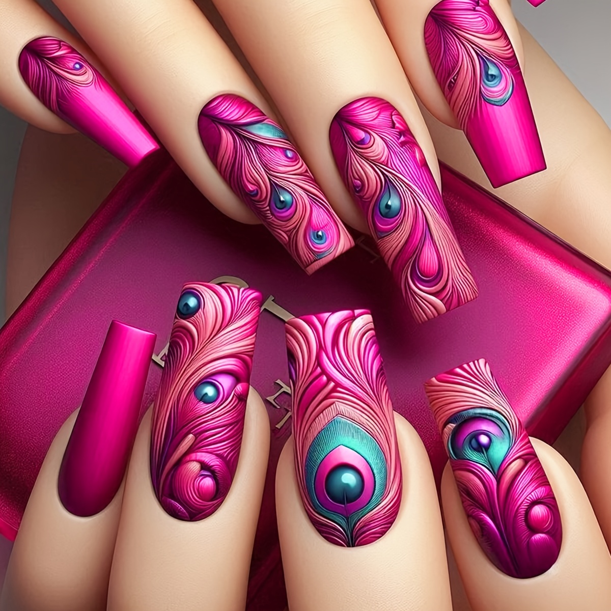 

24pcs Press On Nails Set, Peacock , , Medium Length, Glossy Mixed , Animal Pattern, With Jelly Glue & Nail File, For Valentine's Day, Everyday Wear, Travel & Parties