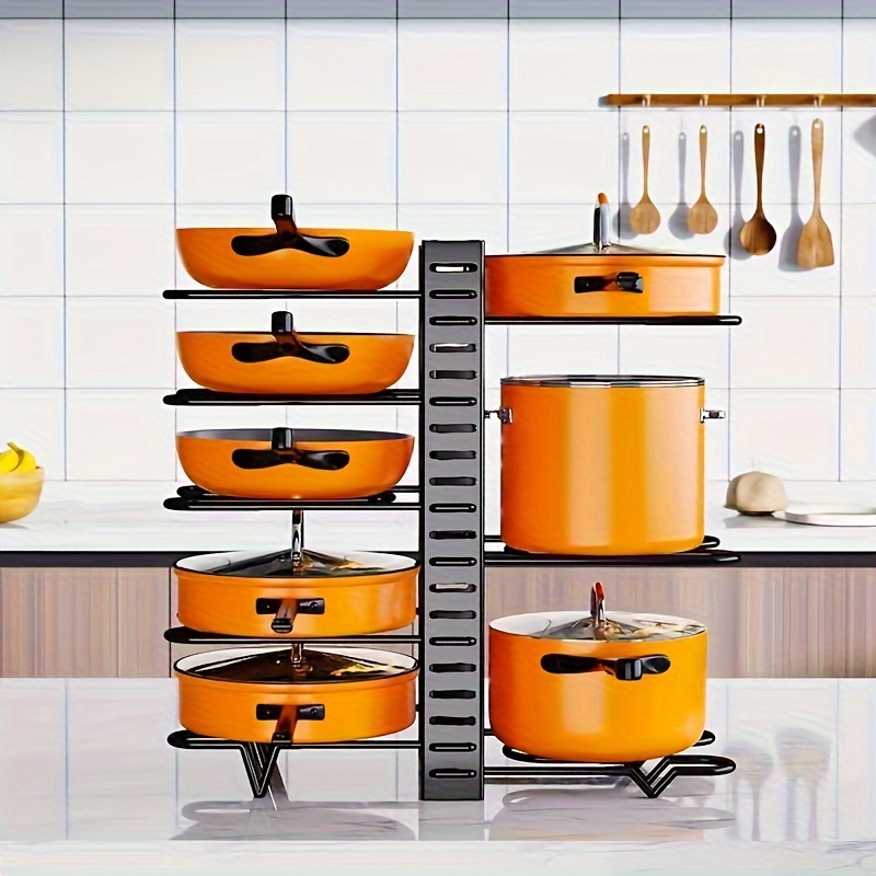 

1pc Adjustable Divider Iron Pot And Pan Organizer Rack, 8-tier Foldable Kitchen Cabinet And Counter Storage Solution, Multi-functional Tabletop Cookware Holder, Tiered Shelf Kitchen Accessory