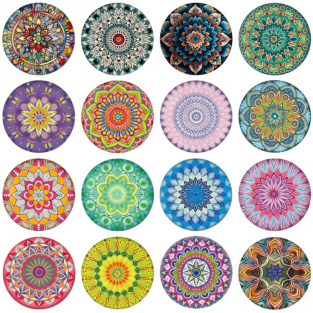 TEMU Colorful Mandala Kaleidoscope Pattern Refrigerator Magnets, Bohemian Ethnic Style Floral Round Glass Raised Material Magnetic Whiteboard