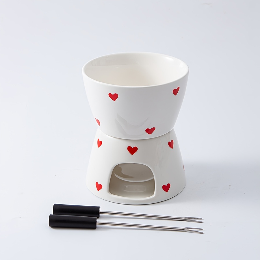 Image of 1pc Heart Print Ceramic Fondue With 2 Forks Set, Cute Butter Warmer Set Set For Chocolate, Cheese, Candy, Ceramic Fondue Mugs Set For Date Night Birthday Mother's Day & Wedding Gifts