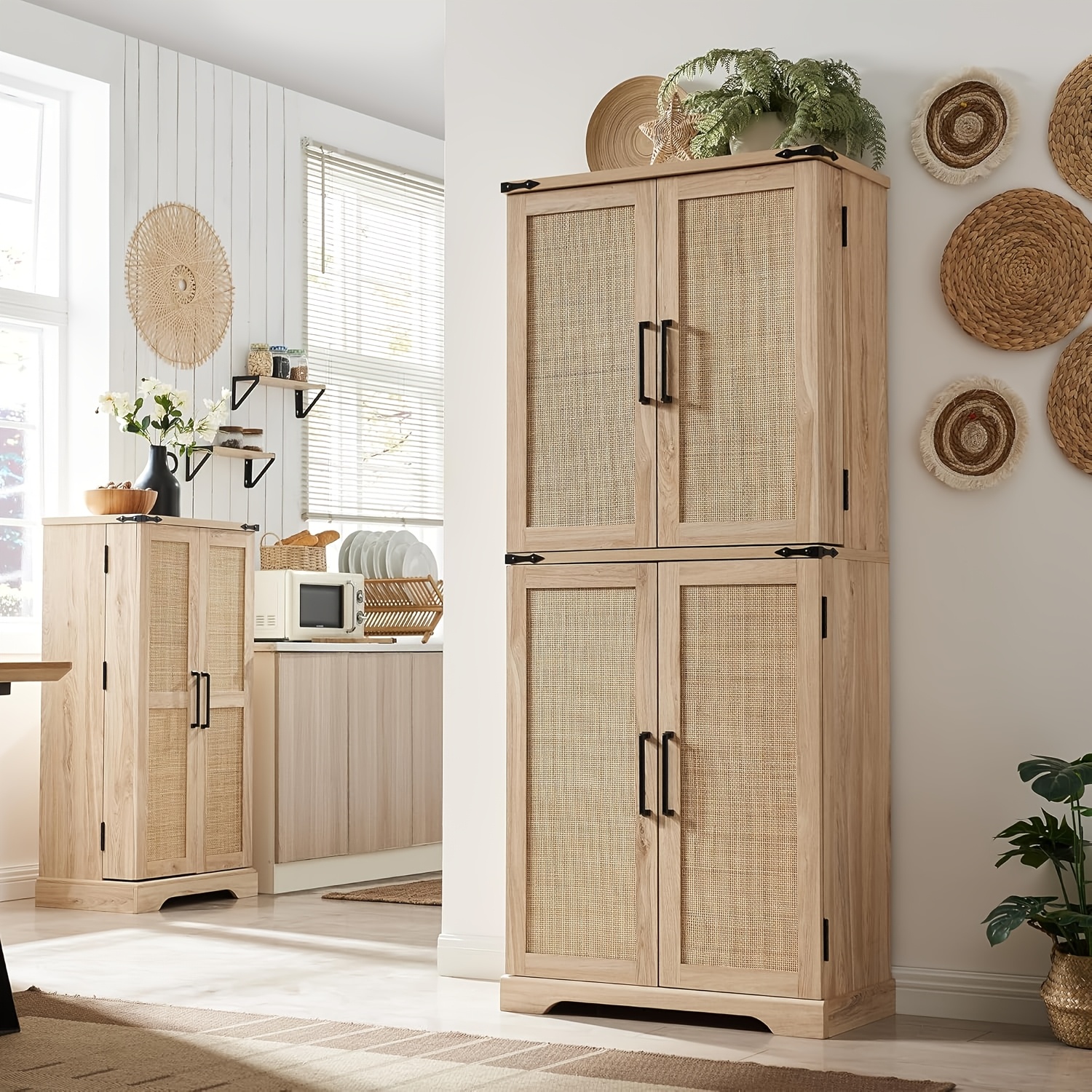 Image of Country Style Rattan Kitchen Storage Cabinet With Barn Sliding Doors & Adjustable Shelves - Freestanding Cabinet Suitable For Pantry, Dining Room, , , Assembly, Storage Space