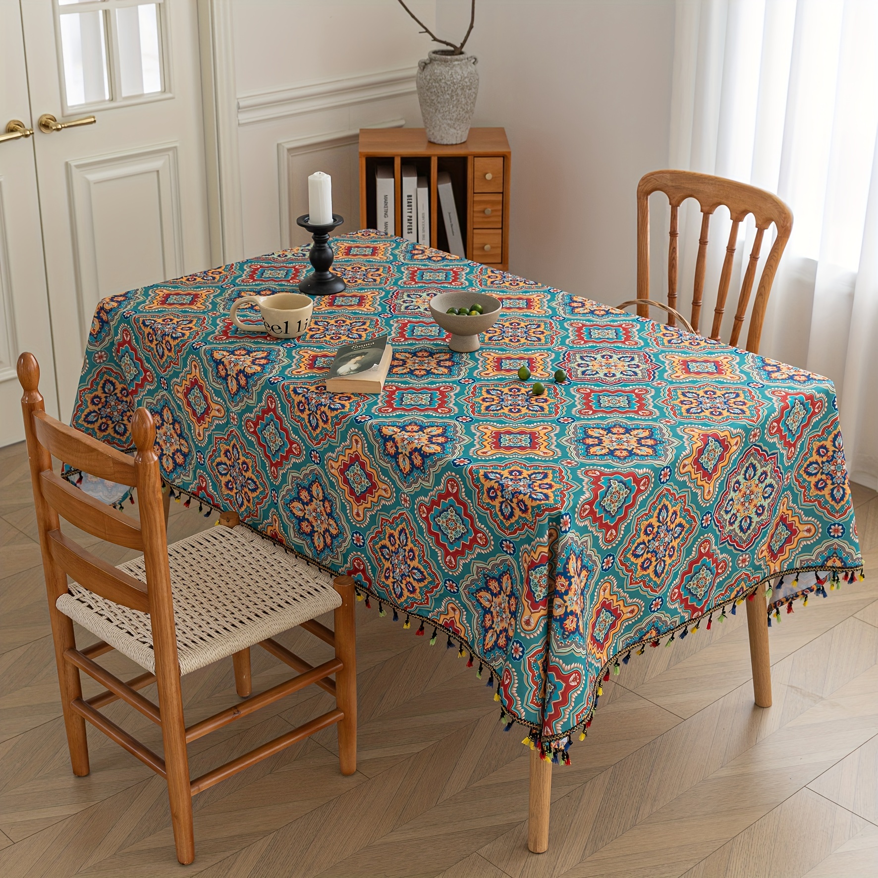 

Bohemian Argyle Pattern Square Tablecloth With Tassels - 100% Polyester, Machine-woven Durable Table Cover For Dining And Holiday Gatherings, Geometric Digital Print