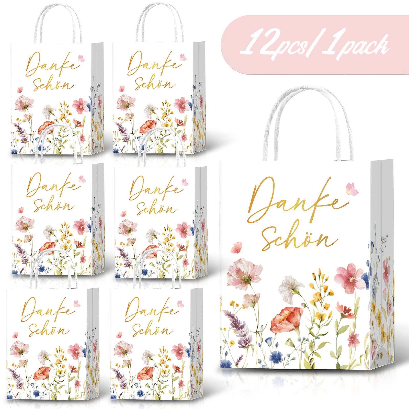 E-shop 12 Stk. Hochzeitsbegleiter-Geschenktüte, kreativer Blumendruck, Dankeschön-Geschenktüte, dicke Kraftpapiertüte, tragbare Hochzeits-Geschenktüte,