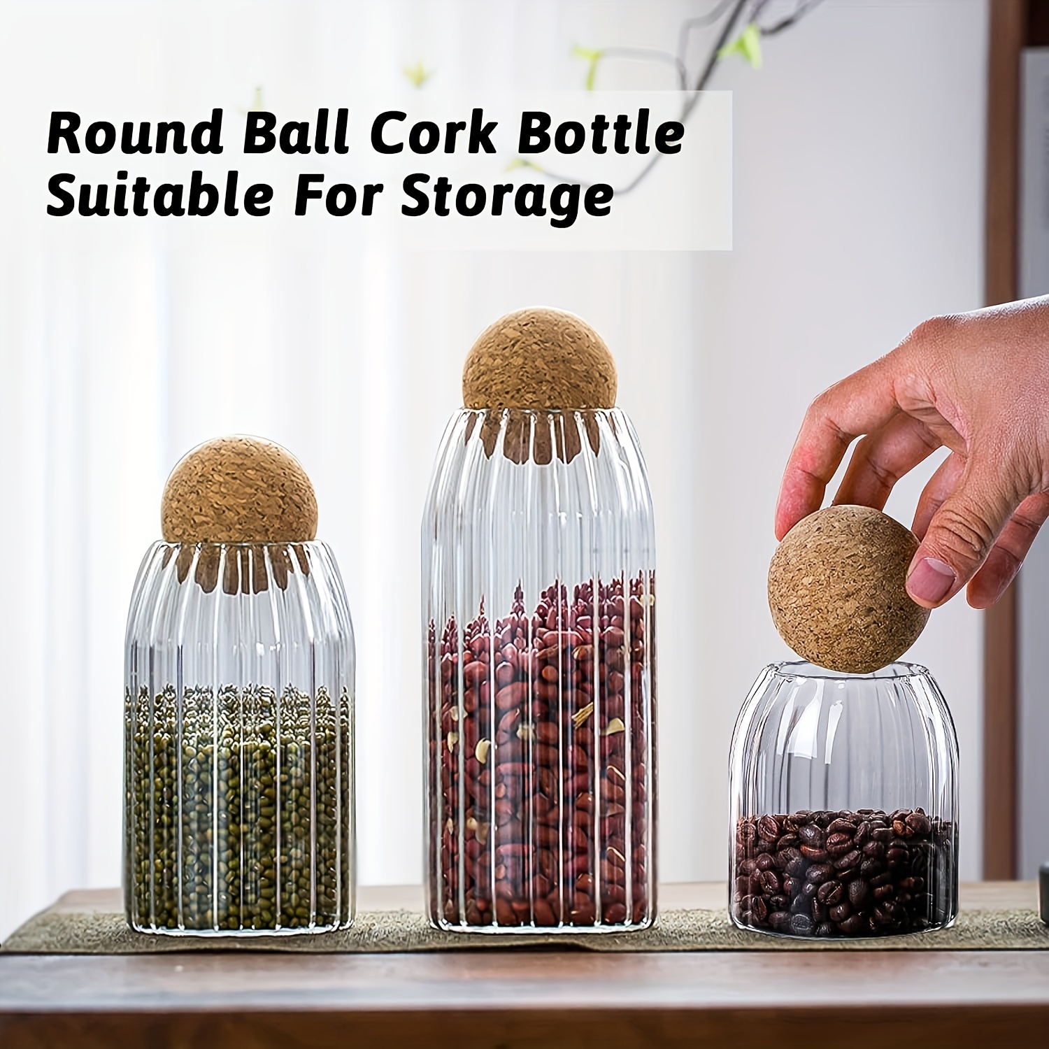 

3pcs Glass Storage Container With Round Ball Cork, Coffee Bean Jar Glass Cork Clear Stripe Glass Bottles With Cork Glass Canisters For Food, Coffee, Sugar, Spice, Tea, Diy (stripe Jar)