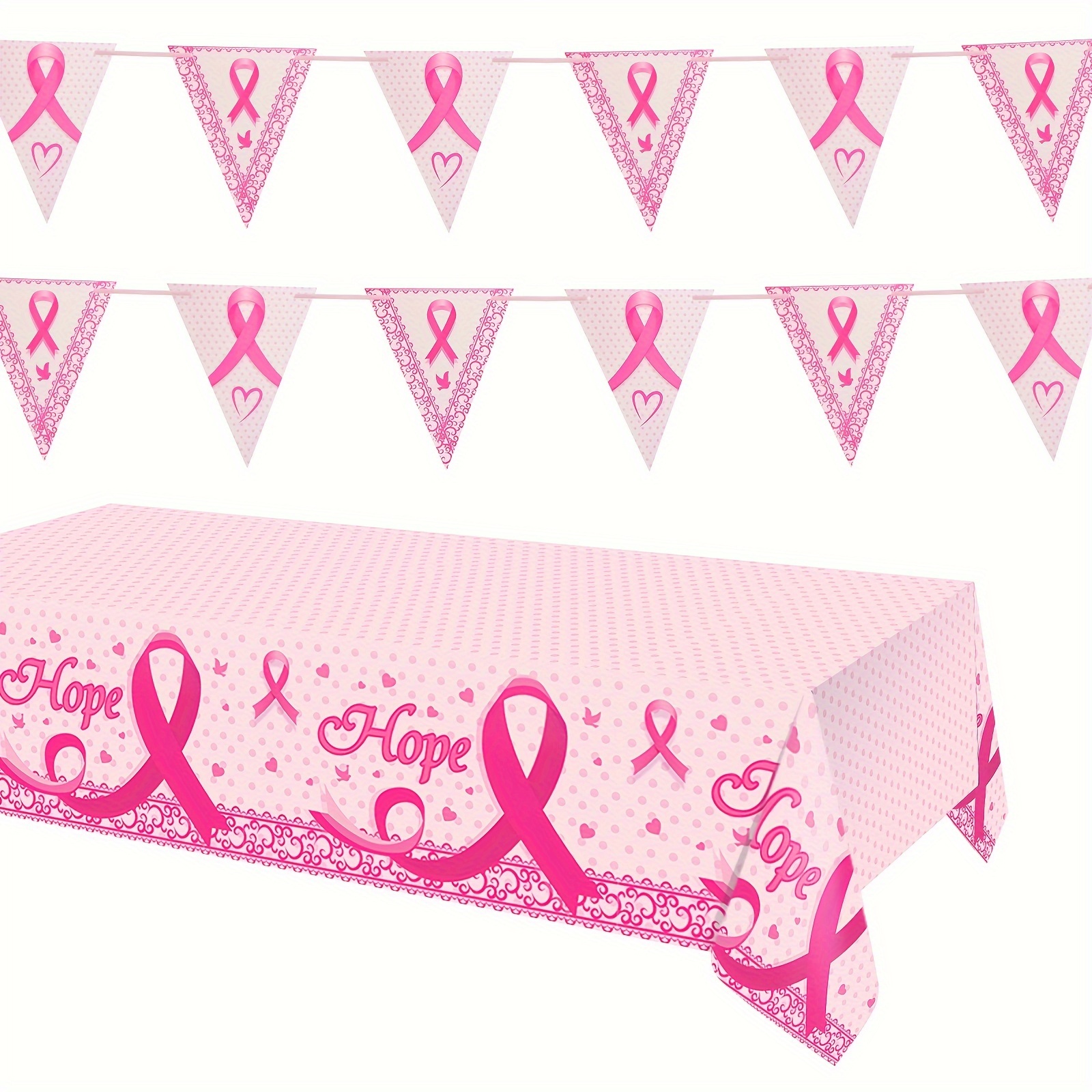 

Breast Cancer Awareness Tablecloth & 16pcs Cancer Free Triangle Banners - Diy Party Decorations