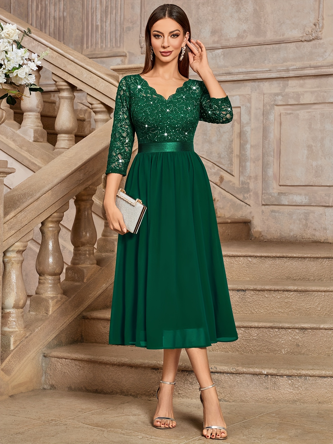 fitted lace wedding dress Green Mermaid Long Sleeve Applique Dresses main image 0