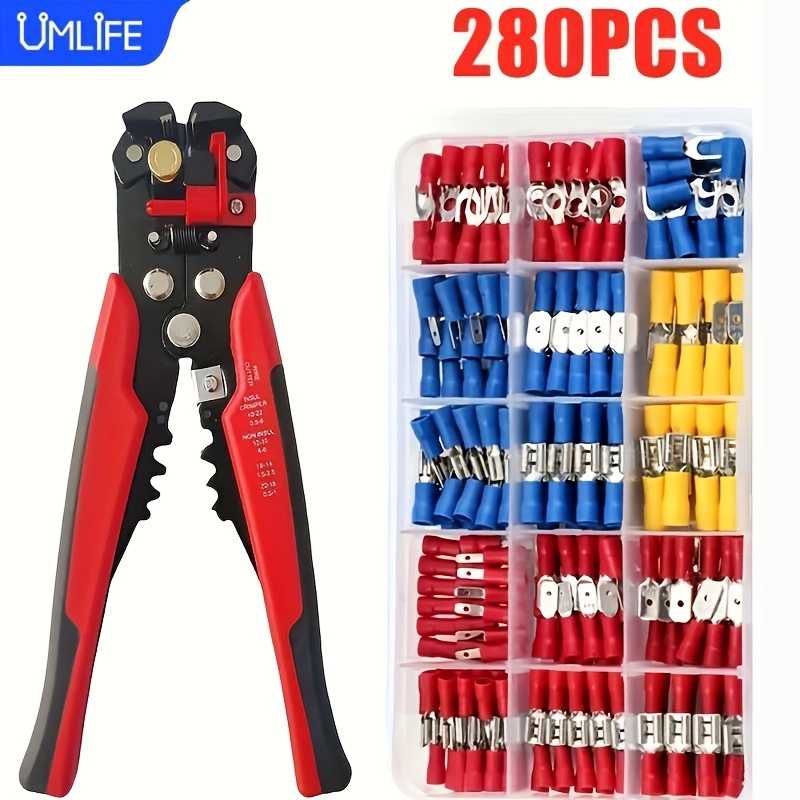 

280pcs Umlife Spade Crimp Terminal Connector Kit, Copper Contact, Non-insulated, Of Insulated Cable Connectors, With Wire Stripper, For Automotive & Home Wiring Projects, Electrical Crimp