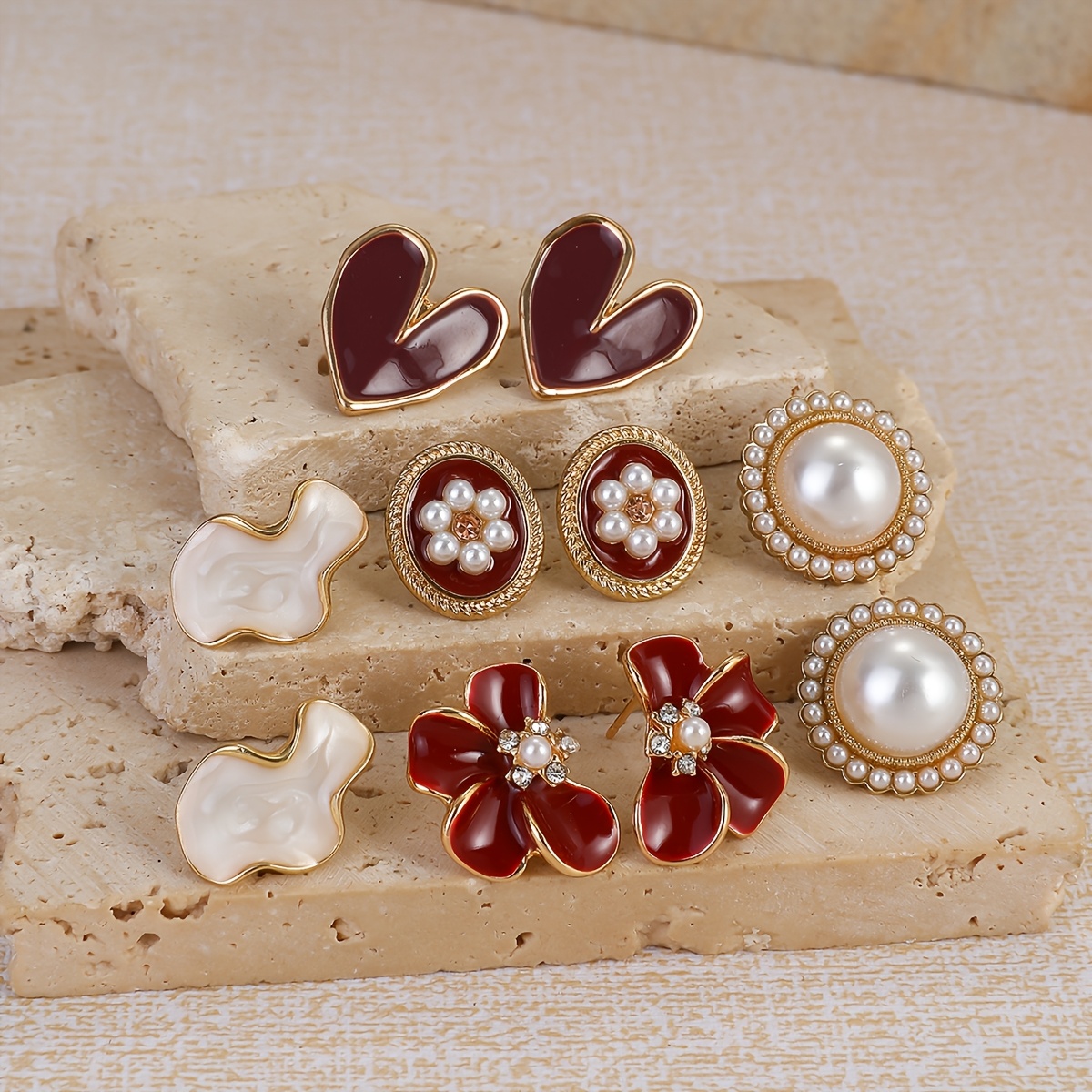 TEMU A Vintage Burgundy Enamel Heart And Rhinestone Petal Stud Earrings Set With Geometric Round Stud Earrings, A Stylish And Elegant Jewelry Set