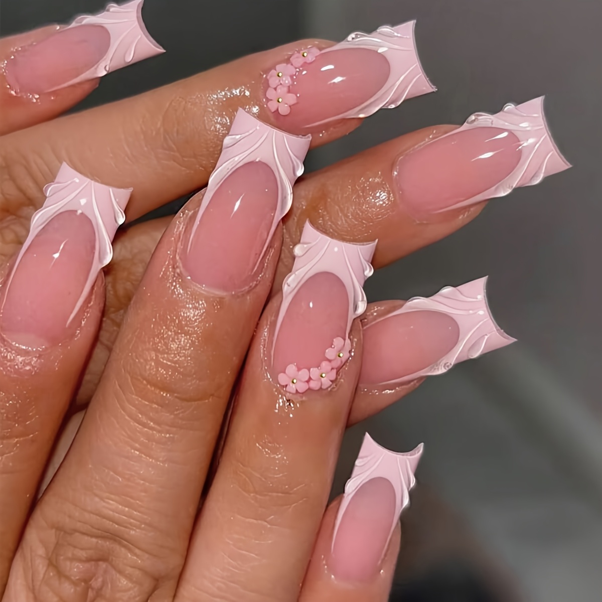 24pcs Square Nails With Glue French Medium Length Flower Metal Steel Bead Design 3d Gel Press On Nails Suitable For Ladies And False Nails With Jelly Glue 1pc File Strip 1pc