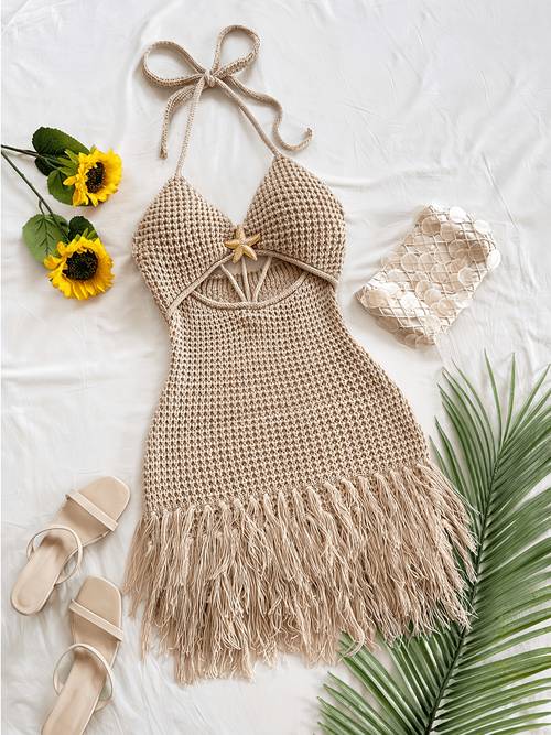 womens seaside italian inspired spaghetti strap v neck cut out metal fringe dress