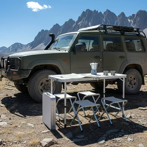 campingtisch, 120 cm klapptisch, 4 stühle, campingset, koffer