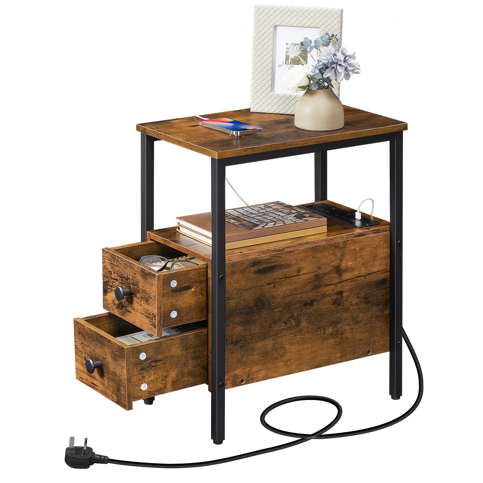TEMU Narrow Bedside Table With Charging Station | Usb Ports And Power Outlets, 2 Drawers, Industrial Style, Rustic Brown And Black, Made Of Wood And