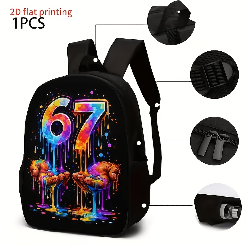 TEMU 1pc/3pcs 67 Painted Pattern Printed Backpack (2d Flat Printing), 1 Pencil Case, And 1 Zipper Crossbody Bag, Lightweight Travel Backpack For