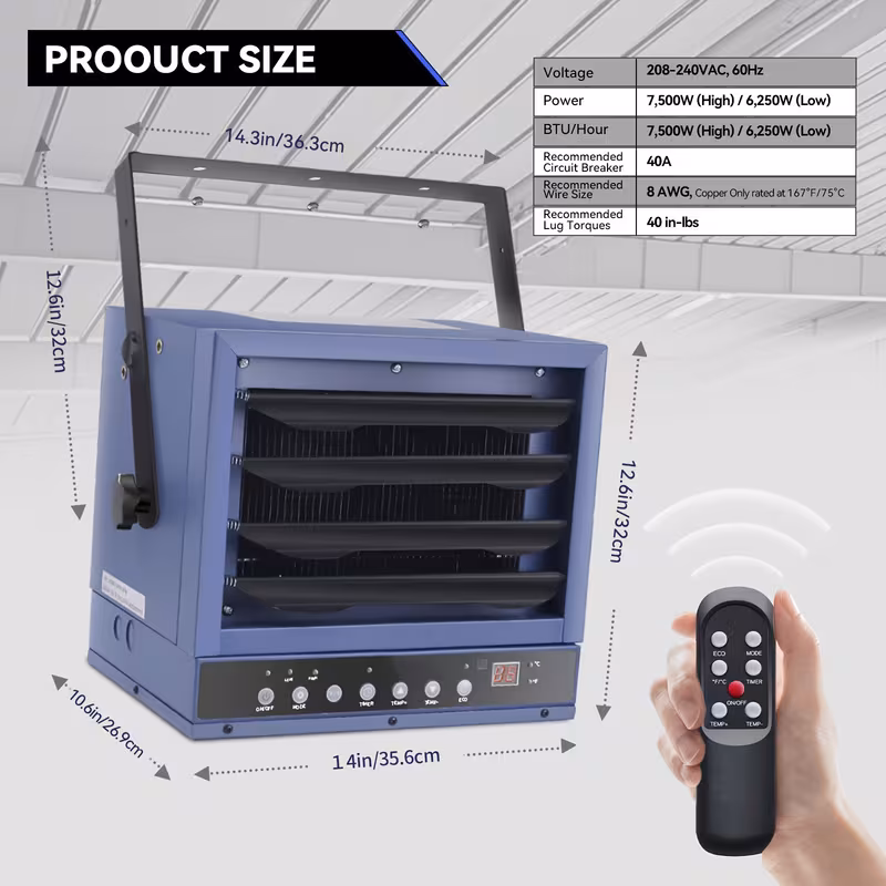 7500w 240 heater with remote thermostat ceiling mount hardwired protection ideal for shops heaters for indoor use Product details 2