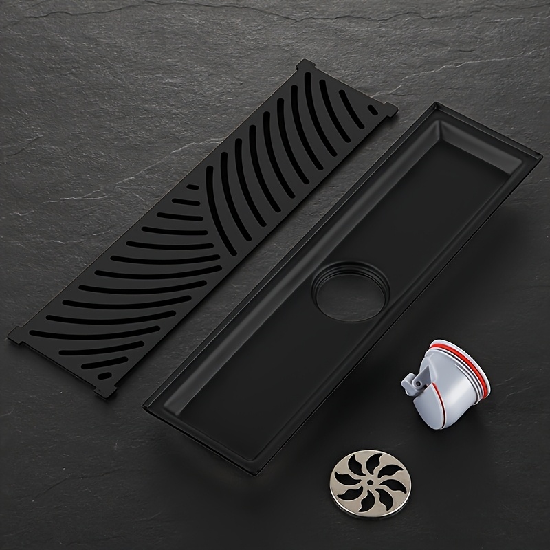 Black Stainless Long Floor Drain for Hotel Bathrooms, Rectangular Design with High Drainage Capacity, Elongated Hidden Odor-Proof Drain Featuring Wheat Ear Patterns