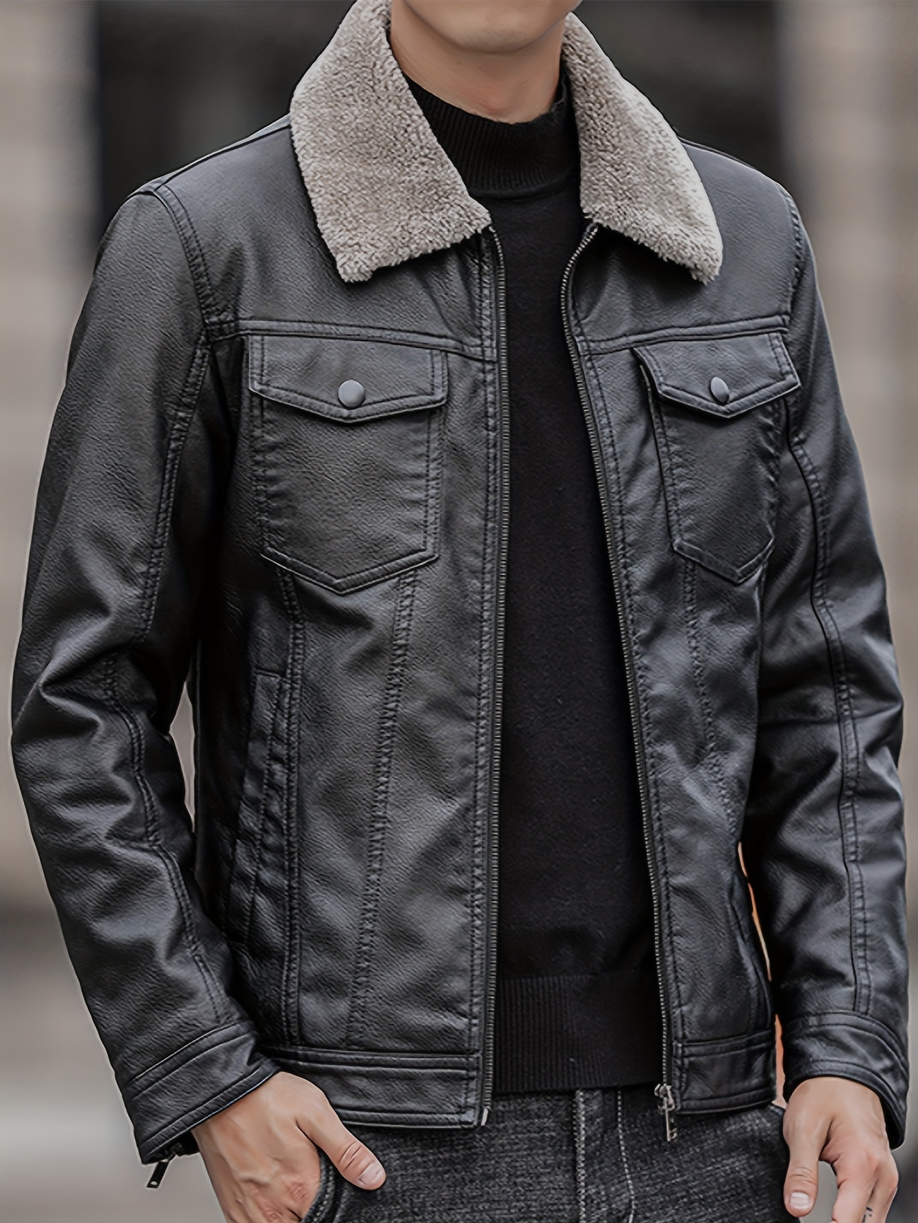 mens casual leather jacket fleece collar winter daily Temu South