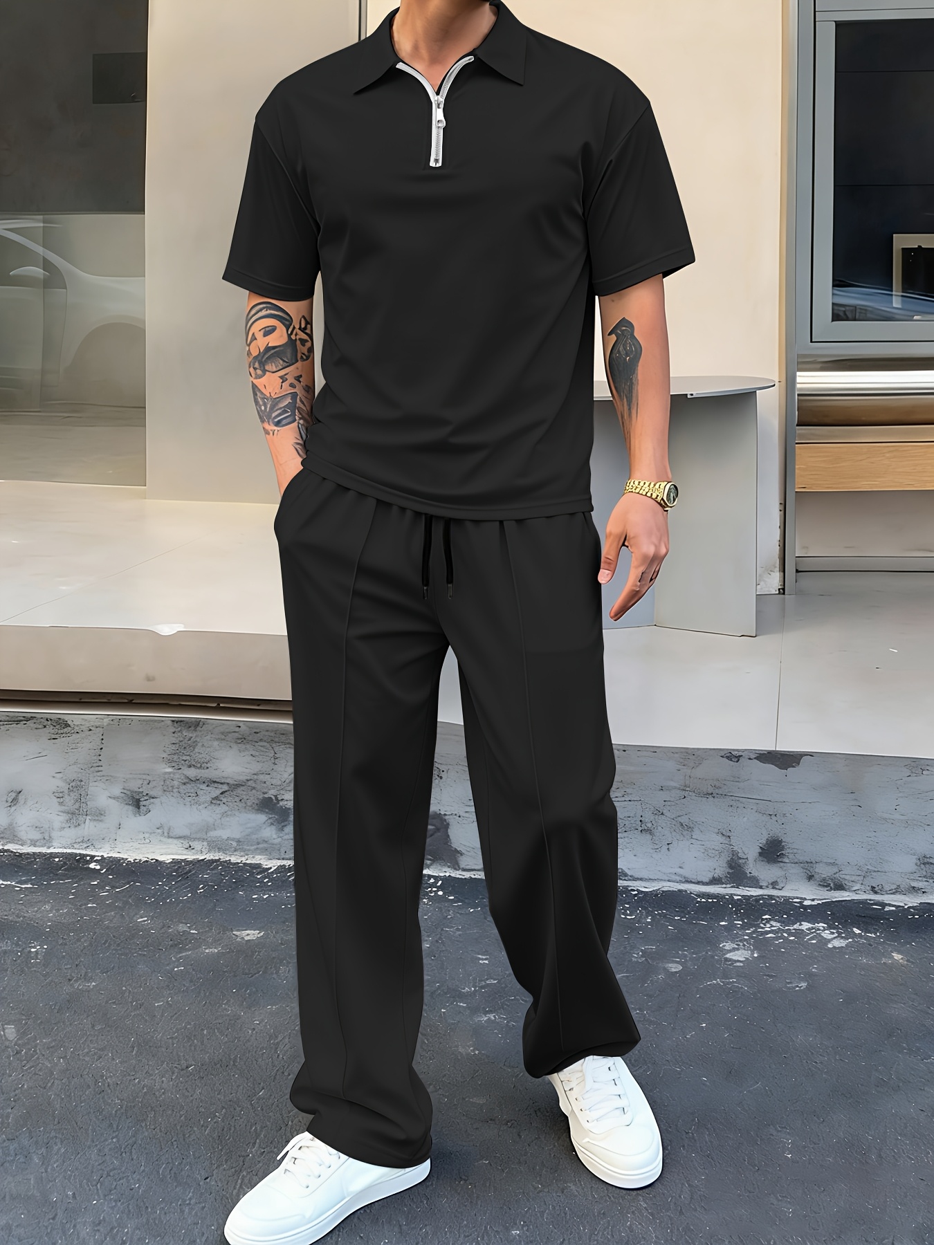 1 vnt. vyriškas 2 dalių marškinėlių su užtrauktuku ir kelnių su raišteliais komplektas, kasdienis sportiškas stilius, lengvas, kvėpuojantis, greitai džiūstantis, vasaros kasdienis drabužių komplektas atostogoms, kelionėms į darbą