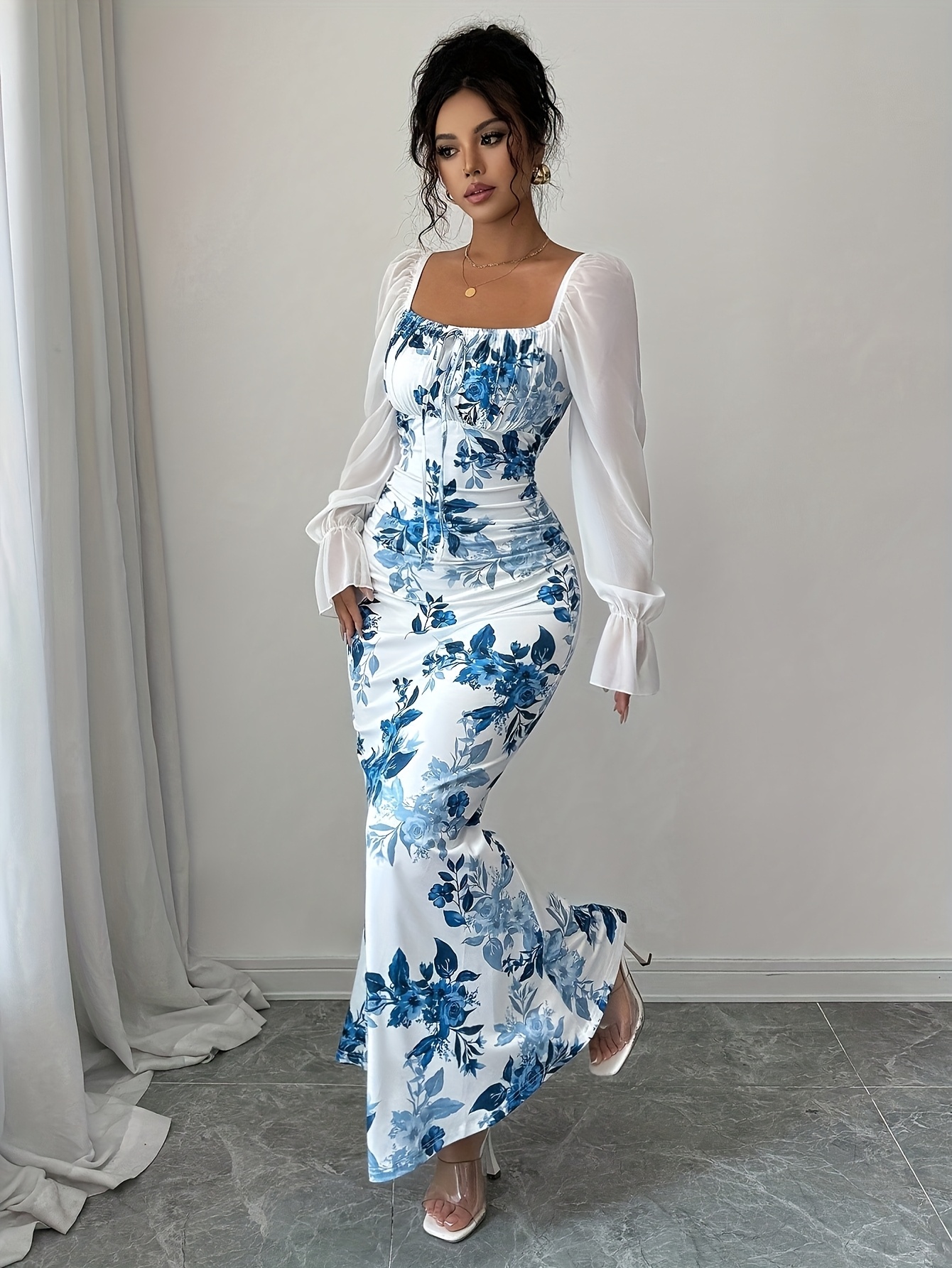Elegant Floral Print Long Sleeve Bubble Sleeve Notch Neck Bodycon Dress | Long Length, Mermaid Hem, Skinny Fit, Suitable for Spring/Summer/Fall