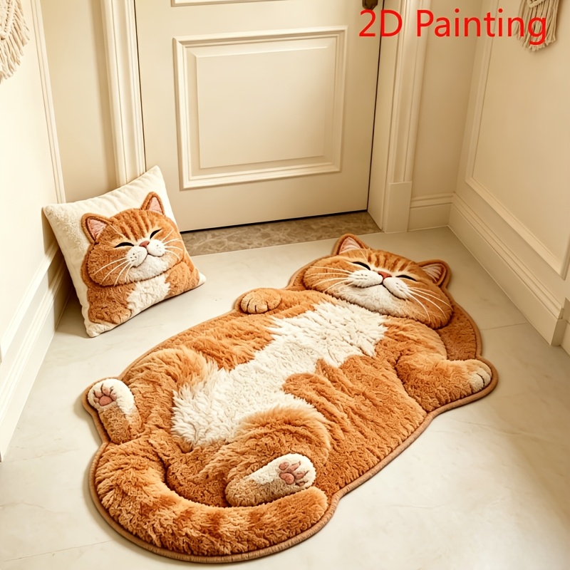TEMU 1pc [2d Flat] Gentle Style Reclining Fat Shaped Bedroom Bedside Plush Irregular Carpet Soft Cute Realistic Warm Orange Sleeping Cat Living Room