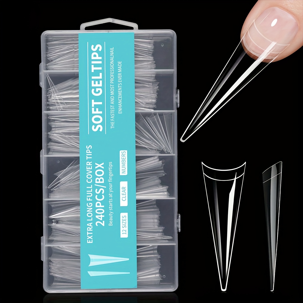 TEMU 240 uñas postizas XXL súper largas tipo tacón, uñas acrílicas de presión, media cubierta francesa, puntas de gel mate, cápsulas de uñas, puntas