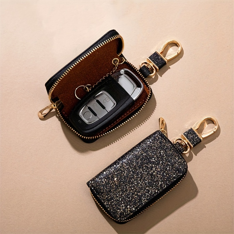 

Glittery Pu Leather Car Key Holder – Compact Key Organizer With Golden Zippers & Star Charms, Design For Stylish Use, Car | Glittery Design | Golden Zipper Detailing, Car Keychain